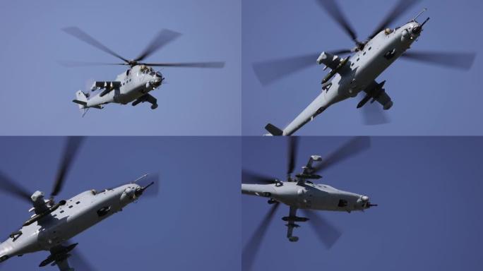 攻击直升机示范飞行。最新的俄罗斯全天候攻击直升机，慢动作100 fps