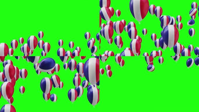 法国国旗氦气球，从下到上飞行，在绿屏背景上隔离，4k视频元素