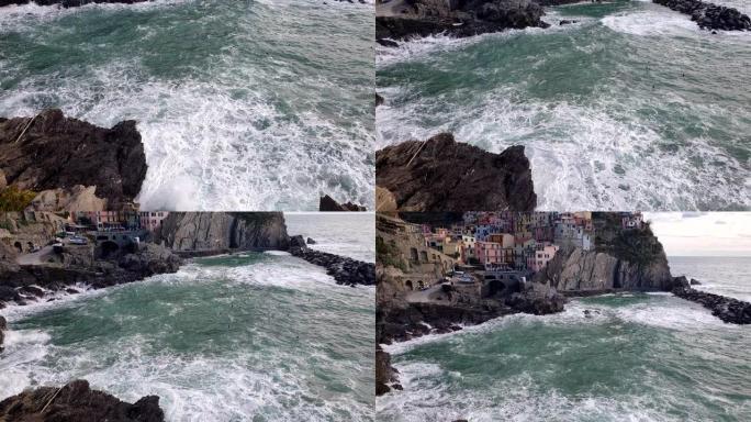 Cinque Terra，La spezia，意大利马纳罗拉海边悬崖村在冬季日落美丽的度假渔夫村慢动