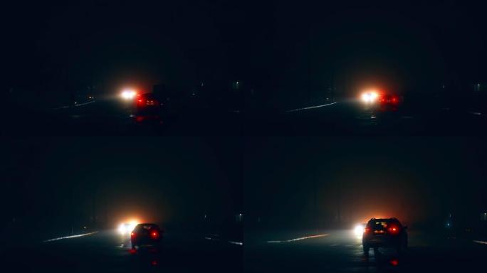 夜间停电的黑城。汽车，自行车和手电的行人在黑暗的道路上移动。
