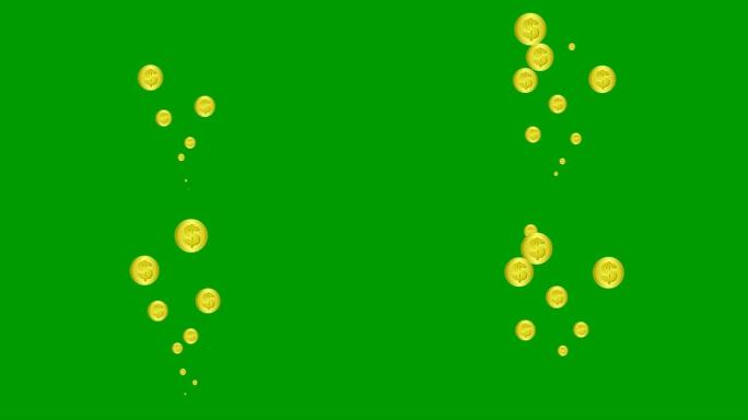 动画金元硬币从下往上飞。飞钱的喷泉。商业、货币、金融的概念。矢量插图孤立在绿色背景上。