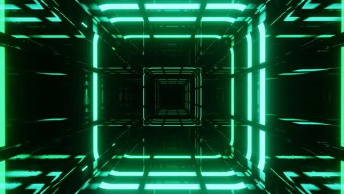 抽象霓虹灯隧道。高科技霓虹灯科幻tunel。时尚的霓虹灯辉光线在镜面隧道中形成图案和结构。飞越技术网