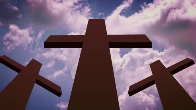 耶稣被钉死在十字架上，乌云密布。山上有三个十字架