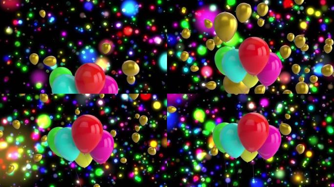 在黑色背景上飞行彩色气球的动画