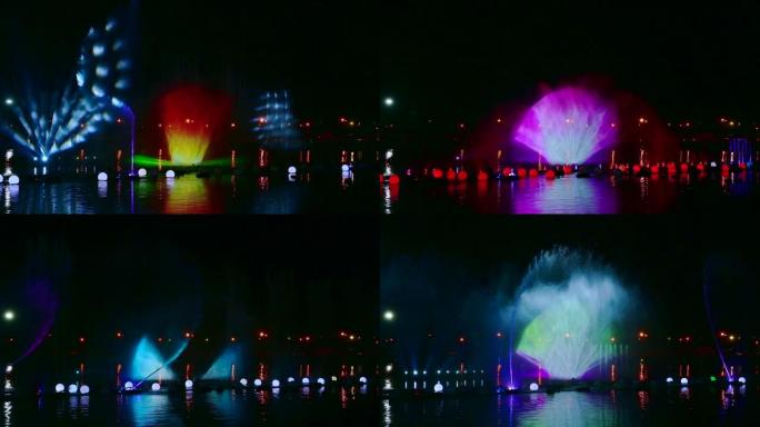 新年庆祝活动期间，水上有五颜六色的灯光照明的夜间喷泉表演