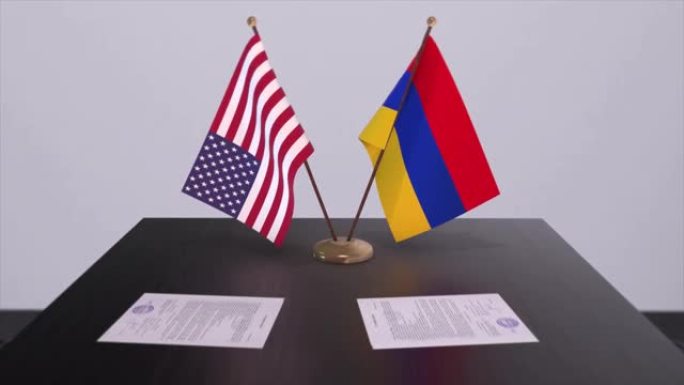 亚美尼亚和美国在谈判桌上达成外交协议。商业和政治动画。国旗，外交协议。桌上的纸质文件。国际协议。