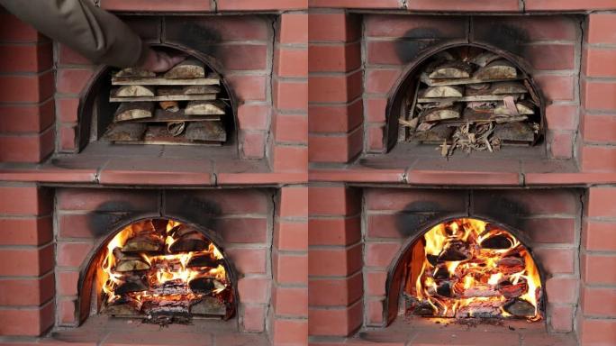 在柴火炉中燃烧柴火，房主在寒冷季节加热房间。