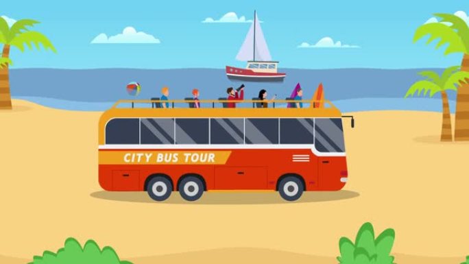 在热带海滩上经过的城市巴士之旅