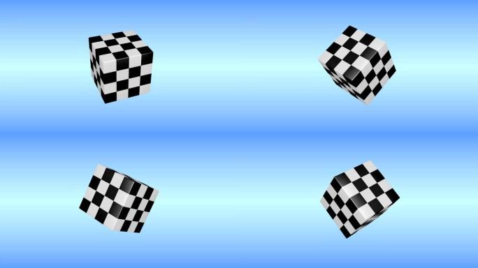 方格图案3d块或立方体在蓝色背景上旋转。