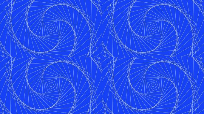 蓝色背景循环上的方形自旋几何。扭曲四方雷达声纳环设计。旋转二次无线电波无尽的创意动画。旋转方形无缝运