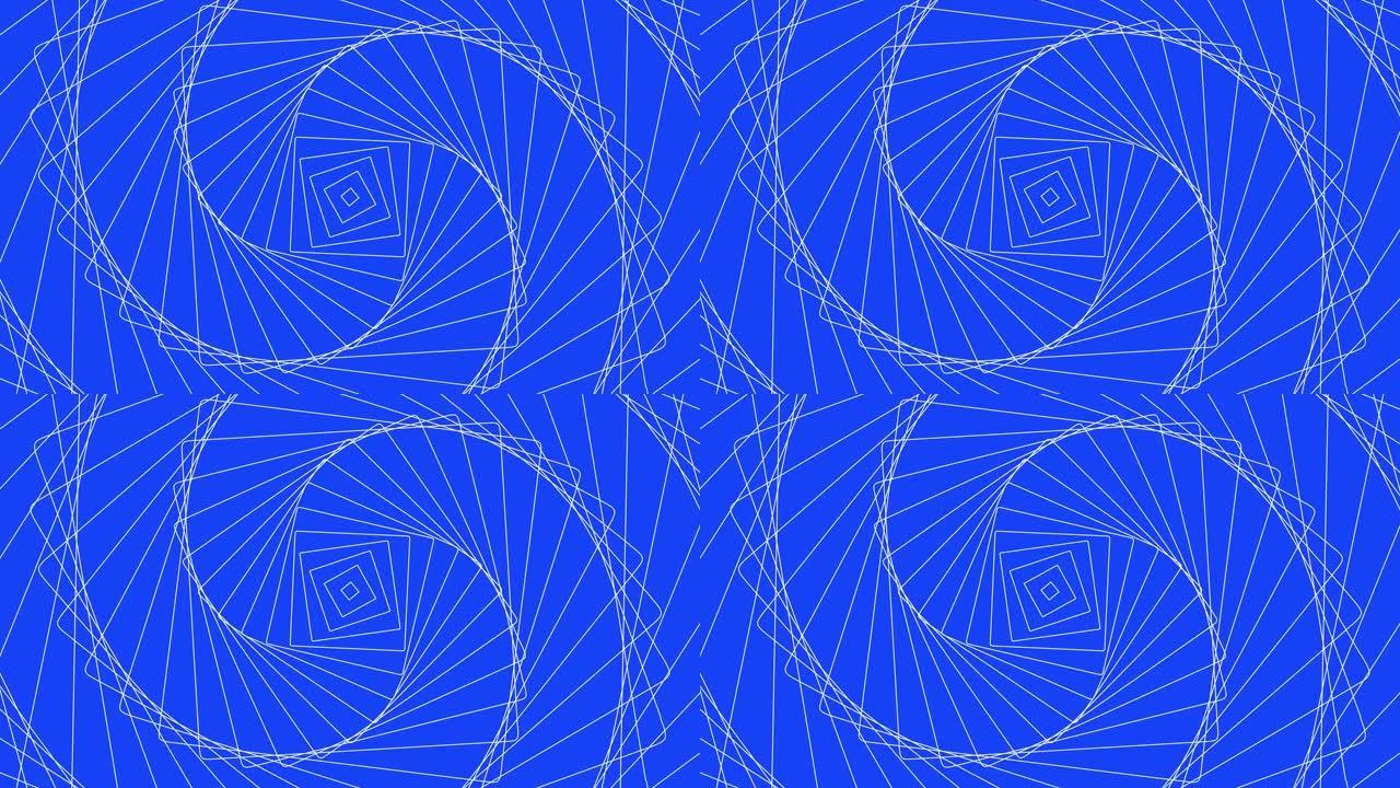 蓝色背景循环上的方形自旋几何。扭曲四方雷达声纳环设计。旋转二次无线电波无尽的创意动画。旋转方形无缝运