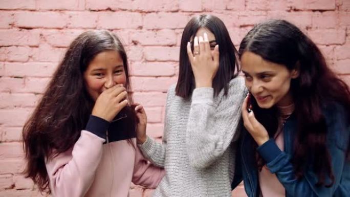 一群快乐的印度青少年女性在砖墙背景下