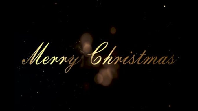 圣诞快乐金色文字动画与雪粒和雪花。黑色背景4k运动图形动画上的圣诞卡愿望