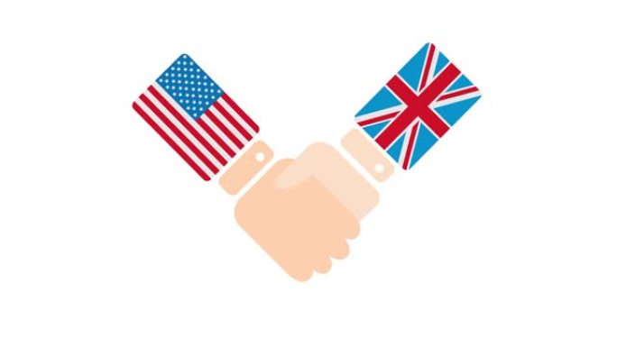 美国(美国)和英国(英国)握手，有关政客会面或合作的概念2D卡通动画，孤立在白色背景上