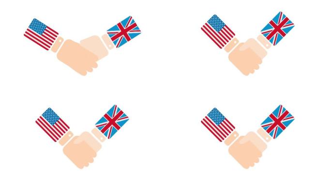 美国(美国)和英国(英国)握手，有关政客会面或合作的概念2D卡通动画，孤立在白色背景上