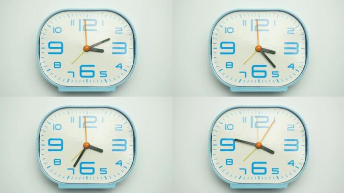 延时蓝色闹钟告诉4点的时间。