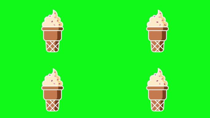 绿色背景上的华夫饼蛋筒中的卡通冰淇淋的4k视频。