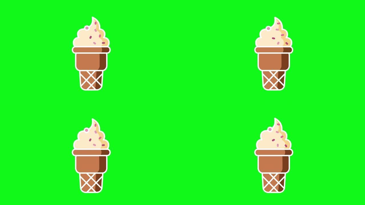 绿色背景上的华夫饼蛋筒中的卡通冰淇淋的4k视频。