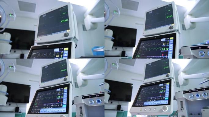 人工肺呼吸机的两个屏幕。低角度视图。手术室现代手术所需的设备。