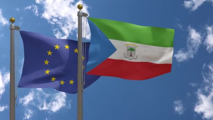 欧盟国旗与赤道几内亚国旗在一杆，3D渲染，两个旗帜