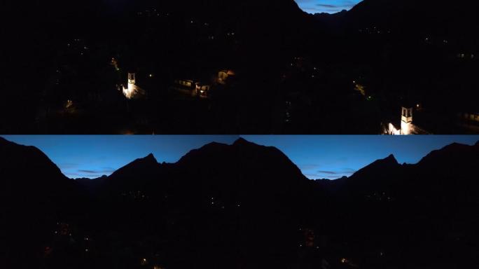 夜间山里一个意大利小村庄的鸟瞰图