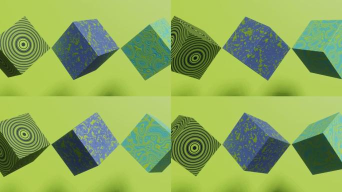 绿色背景上的动画多色立方体。现代抽象无缝循环3d动画