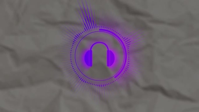 音频频谱圆形或放射状，耳机在白纸的中心模糊背景。霓虹紫色和蓝色频段的音频波形。音乐显示的可视化。