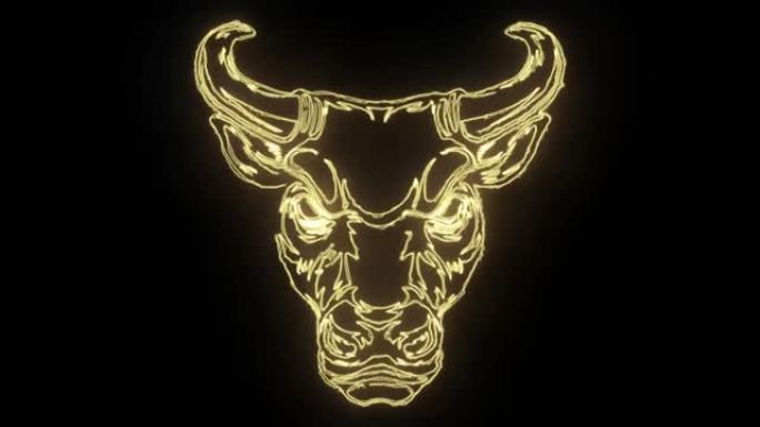 黑色背景上的霓虹灯燃烧愤怒的牛头动画。带有火光和辉光效果的动画。