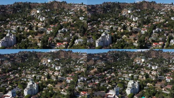 著名的好莱坞山附近的鸟瞰图，建筑物被绿树环绕