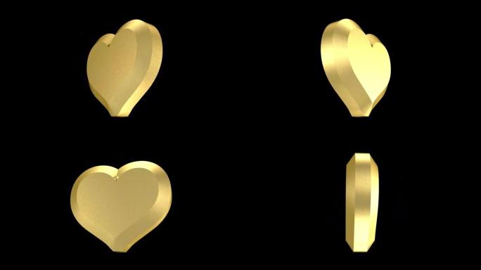 旋转的心，金色的心。黑色背景上的金色心脏。情人节的元素。情人节视频。