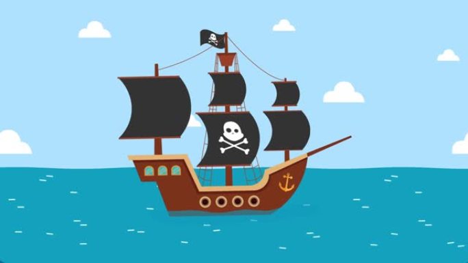 木制海盗船航行在海上2d动画