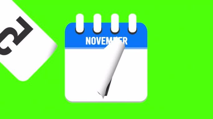11月7日。日历出现，页面下降到11月7日。绿色背景，色度键 (4k循环)