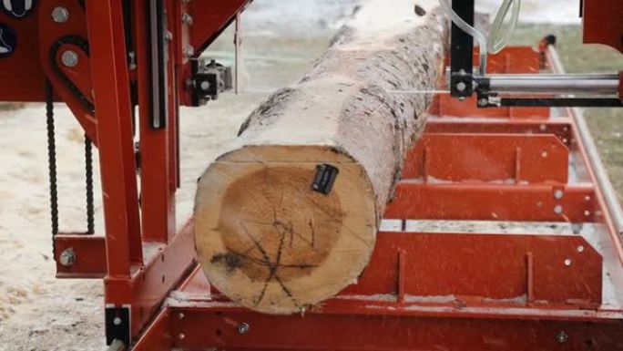 在设备中加工原木的过程锯木机锯锯木板上的树干。用现代锯木厂从原木上锯木板。