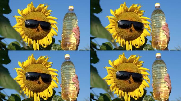 向日葵花戴着帽子和太阳镜，在蓝天的背景上有一瓶油。