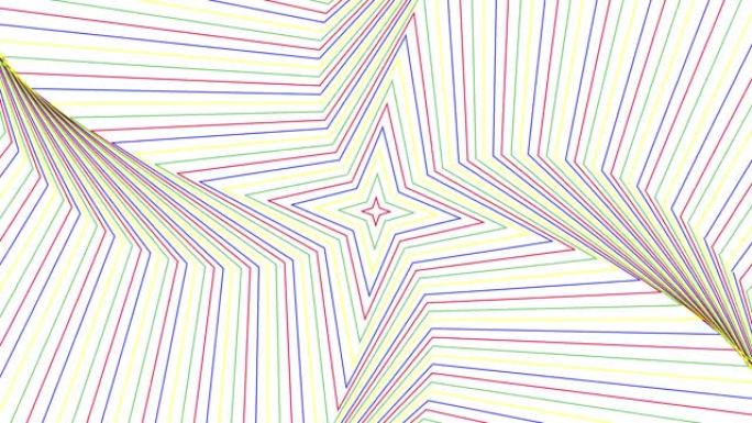 白色背景上的彩色纤细自旋四角星简单平坦几何循环。彩色星空旋转无线电波无尽的创意动画。多色旋转星星无缝