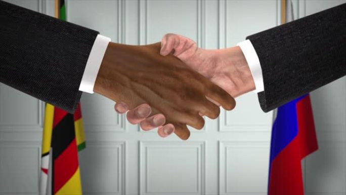 津巴布韦与俄罗斯协议握手，政治例证。正式会议或合作，商务见面。商人和政客握手