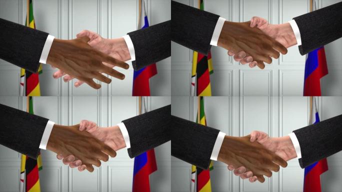 津巴布韦与俄罗斯协议握手，政治例证。正式会议或合作，商务见面。商人和政客握手