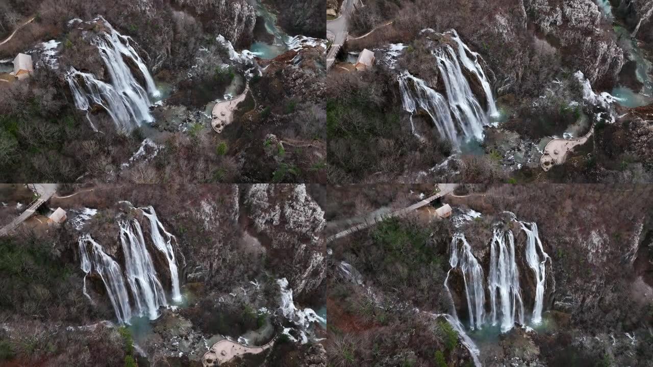冬季十六点国家公园瀑布和湖泊的鸟瞰图