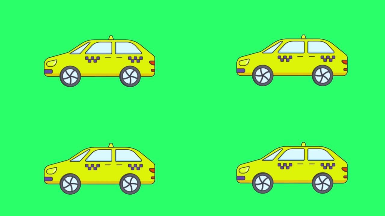 绿色屏幕上的动画黄色汽车。
