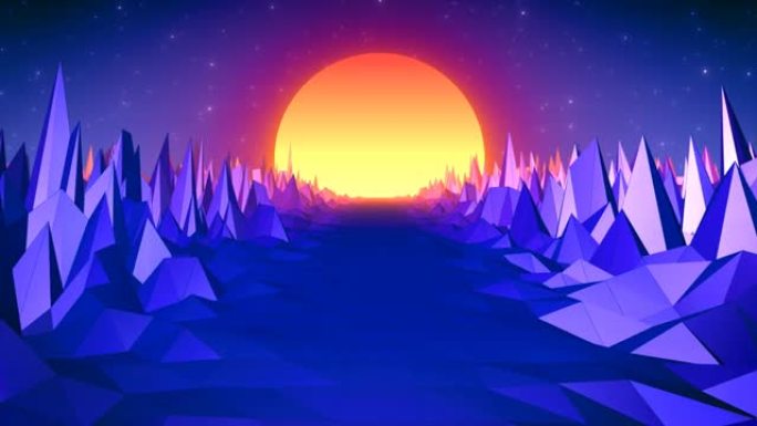 抽象的紫色蓝色复古景观在80年代，90年代的风格与道路岩石山脉和太阳，抽象的背景。视频4k，运动设计