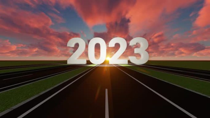 2023新年概念，公路公路3D渲染，日出