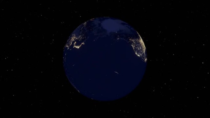 夜间的行星地球和黑色背景上的恒星完全旋转