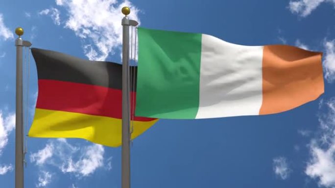 德国国旗与爱尔兰国旗在一杆，3D渲染，两个旗帜