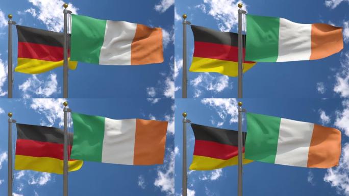 德国国旗与爱尔兰国旗在一杆，3D渲染，两个旗帜