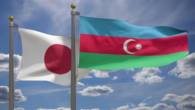 日本国旗与阿塞拜疆国旗在一杆，3D渲染，两个旗帜