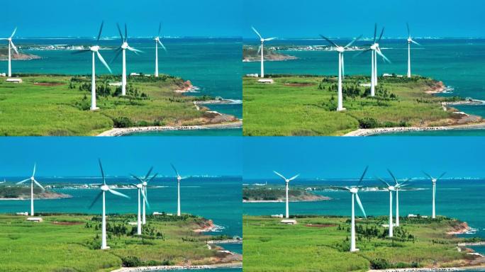 台湾澎湖巨型风力发电机鸟瞰图。