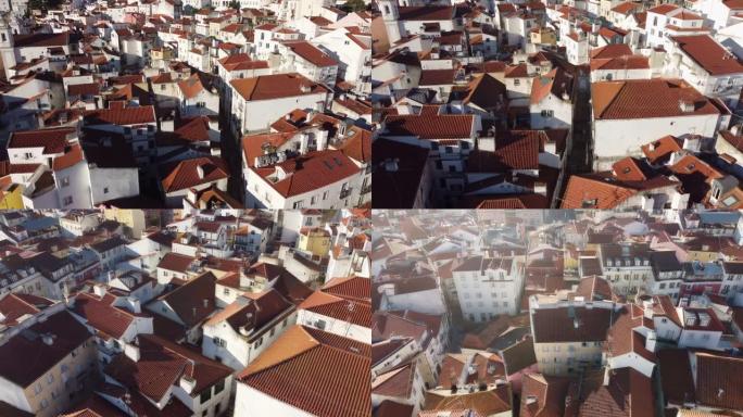 葡萄牙狭窄街道的无人机视图，里斯本有17世纪风格的房屋
