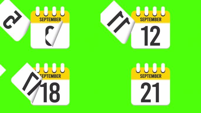 9月21日。日历出现，页面下降到9月21日。绿色背景，色度键 (4k循环)
