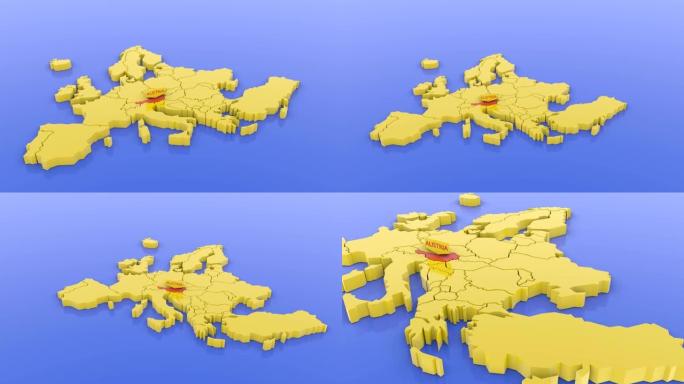 奥地利的3D渲染在欧洲地图上标记为红色