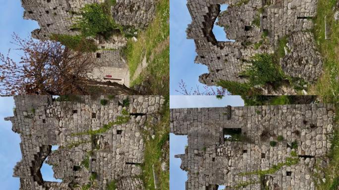 垂直视频。旧城酒吧或Stari Grad的废墟。靠近当代巴尔市的一个被摧毁的古代定居点。黑山的旅游目